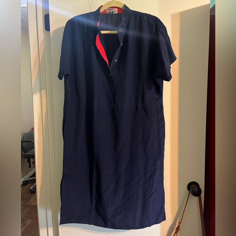 100% Silk  Navy Short Sleeve Dress with Pink Accent
